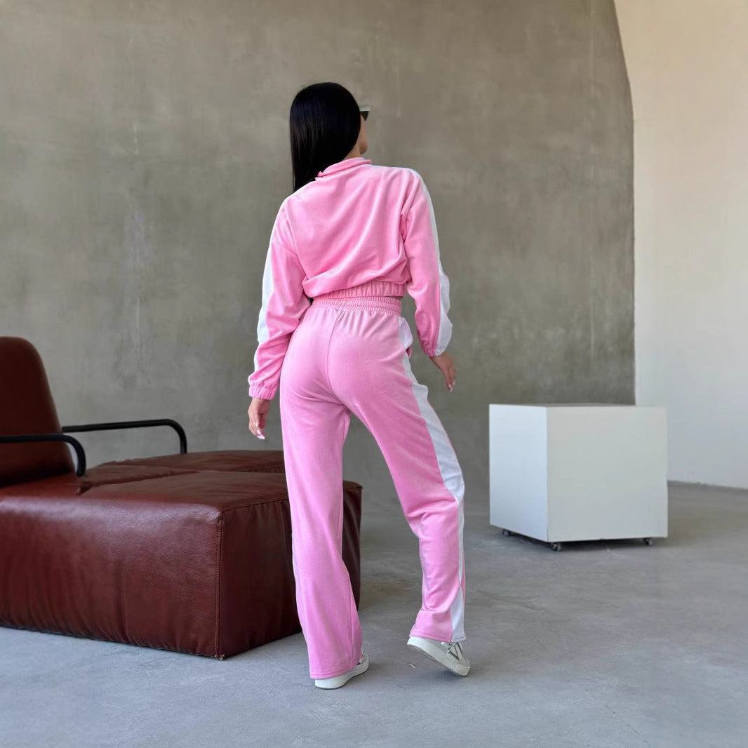 Damen Velours Freizeitanzug mit Reißverschluss Sovae