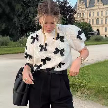 Damen modischer Strickpullover mit Puffärmeln und dekorativen Schleifen Sovae