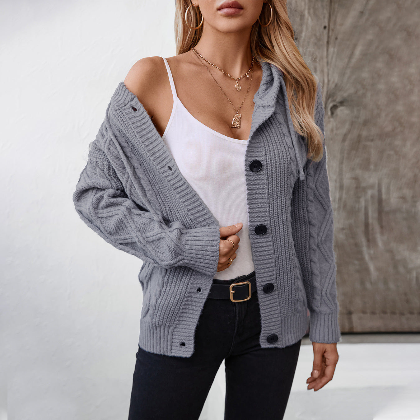 Damen Strickjacke mit Kapuze und strukturiertem Design Sovae