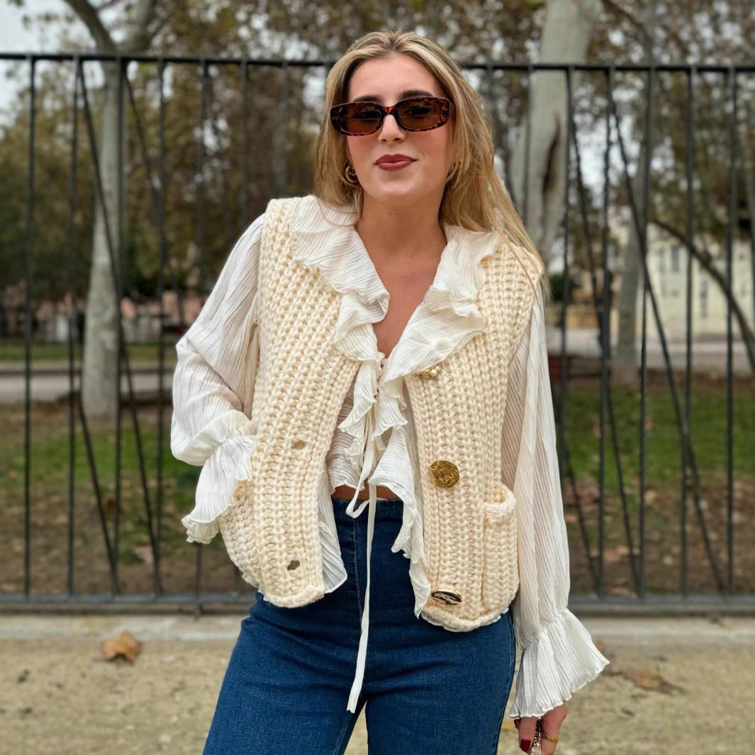 Damen Strickweste mit Taschen und dekorativen Knopfdetails Sovae