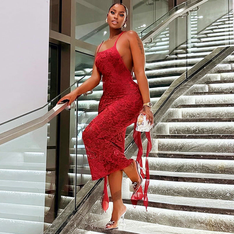 Damen Spitzen-Maxikleid mit verführerischem Schnitt und transparenten Details Sovae