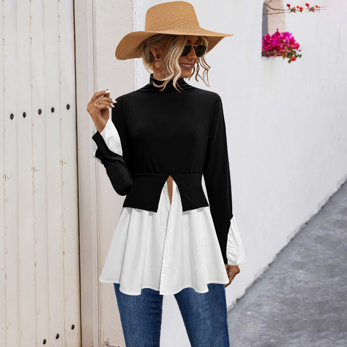 Damen Modisches Hemdblusenshirt mit hohem Kragen und asymmetrischem Schnitt Sovae