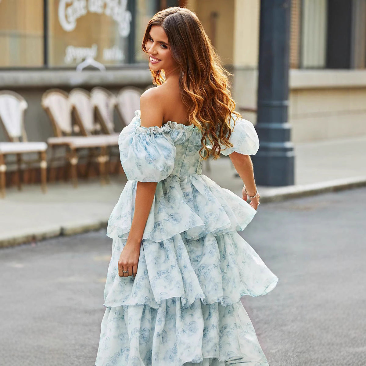 Damen Off-Shoulder Maxikleid mit voluminösen Rüschen Sovae