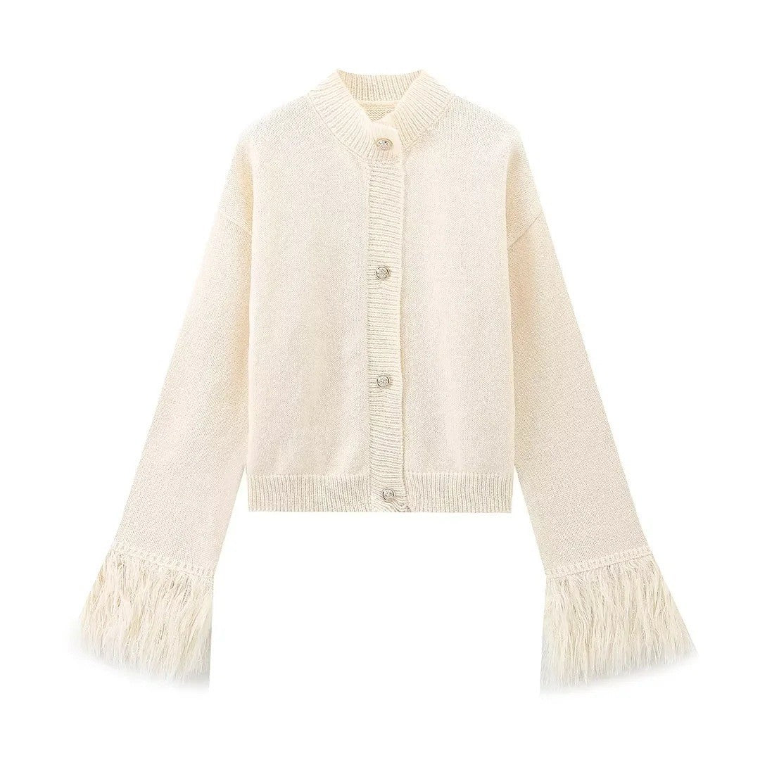 Damen Strickjacke mit fransigen Ärmeln und Knopfdetail Sovae