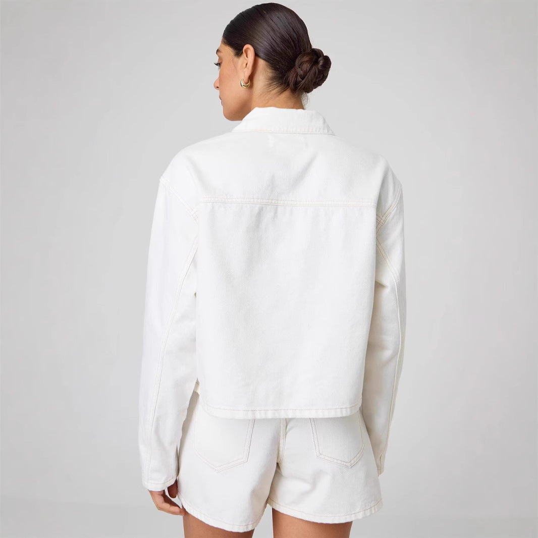 Damen Modische Jeansjacke mit knopflosem Design Sovae