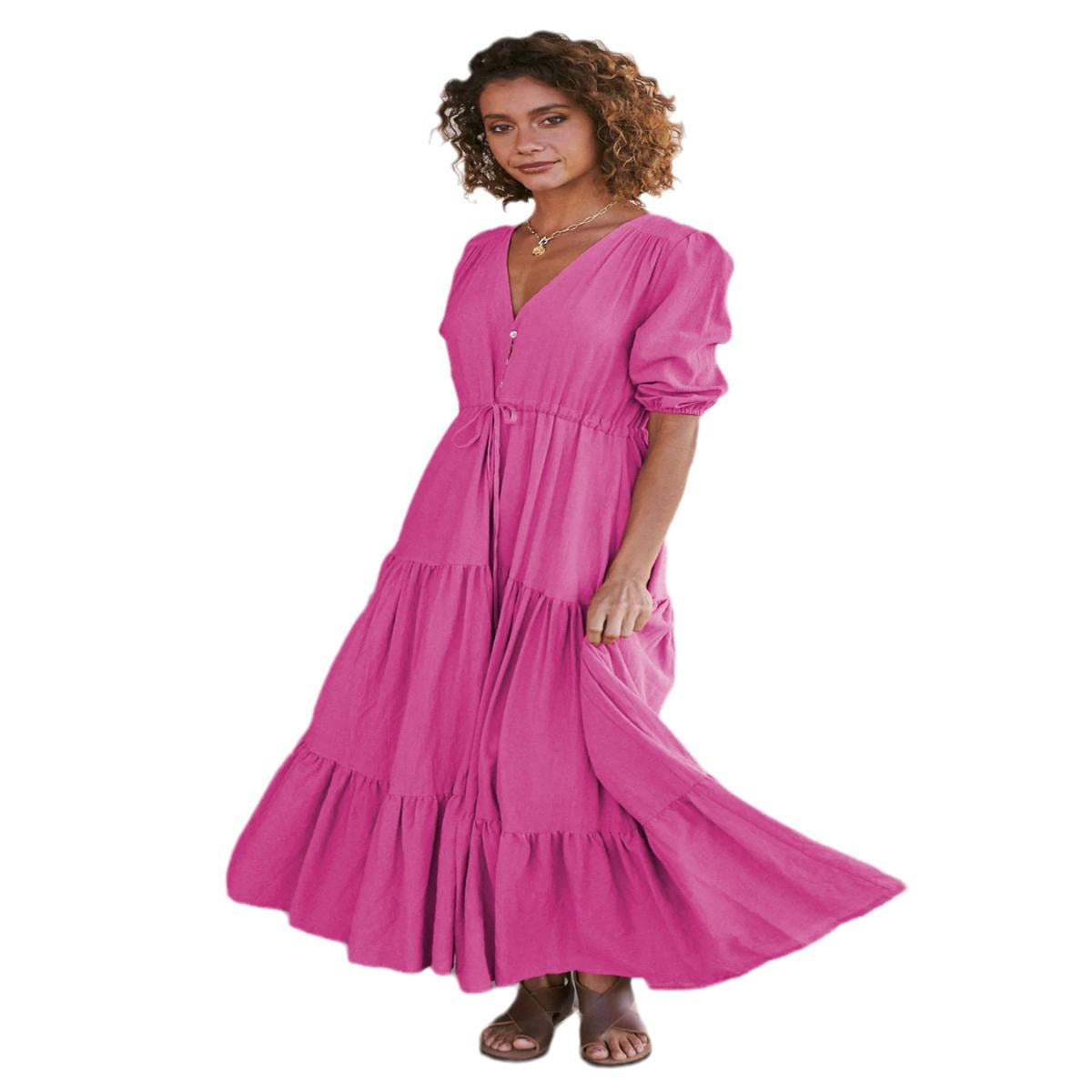 Damen Maxikleid mit zarten Puffärmeln und Taillenzug Sovae