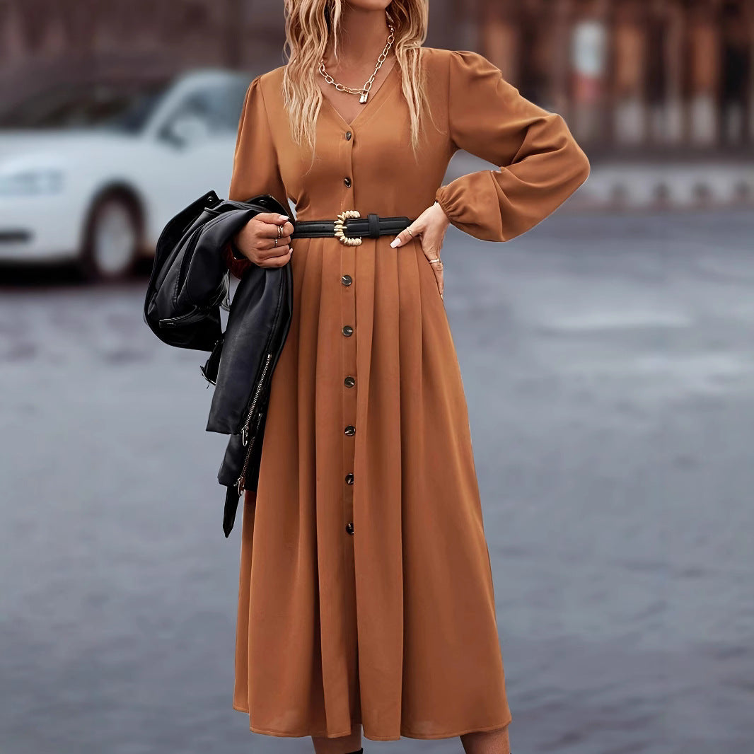 Damen Maxikleid mit V-Ausschnitt und Knopfdetails Sovae