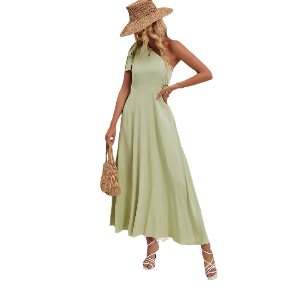 Damen elegantes Maxikleid mit asymmetrischem Träger und fließendem Rock Sovae