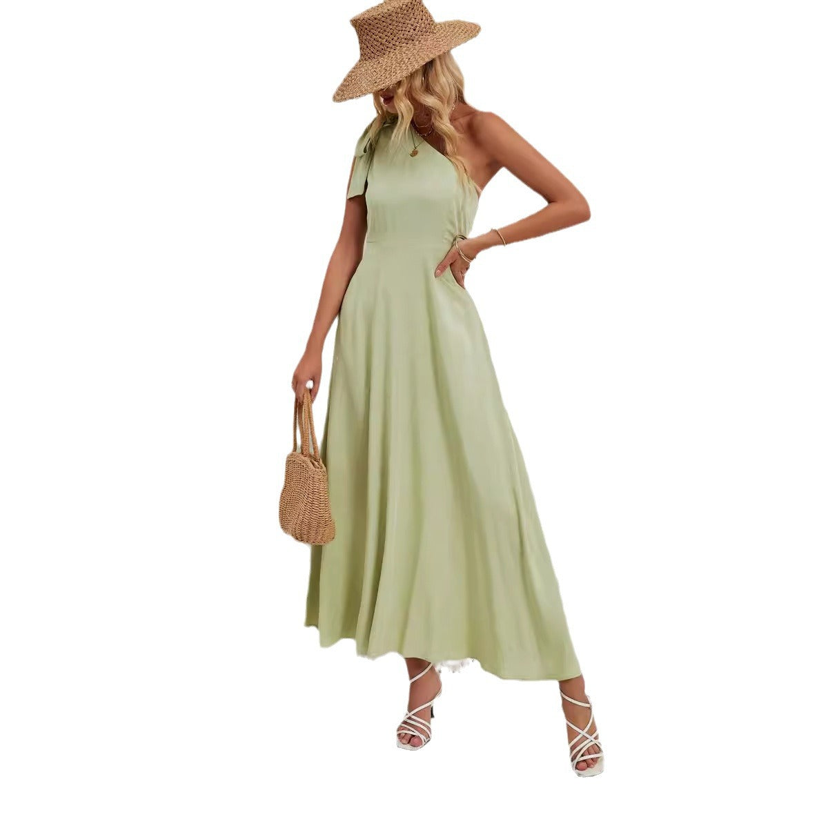 Damen elegantes Maxikleid mit asymmetrischem Träger und fließendem Rock Sovae