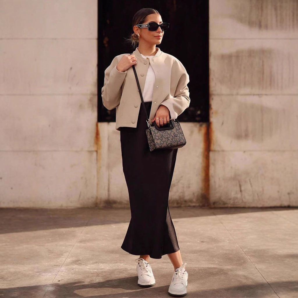 Damen modische Cropped-Jacke mit Knopfverschluss und elastischem Ausschnitt Sovae