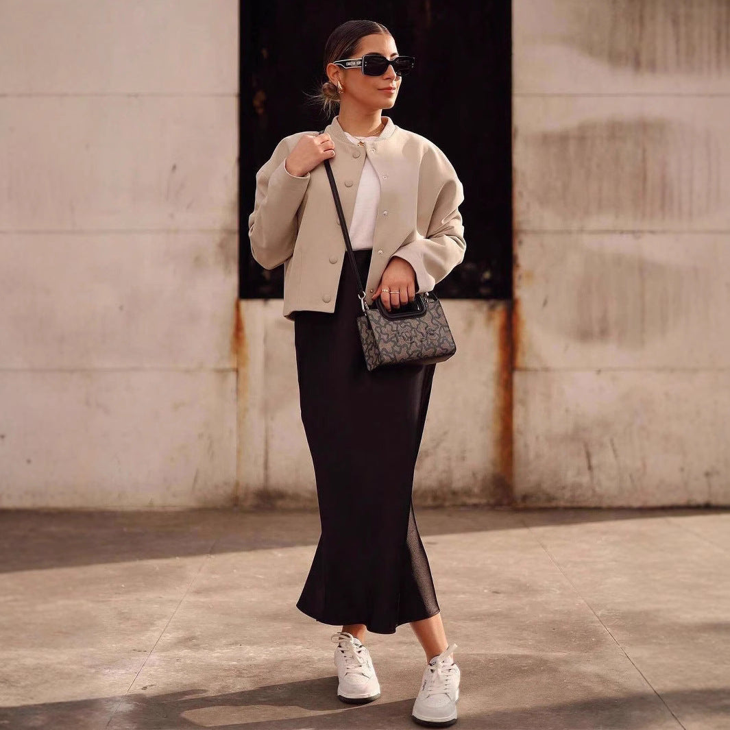 Damen modische Cropped-Jacke mit Knopfverschluss und elastischem Ausschnitt Sovae
