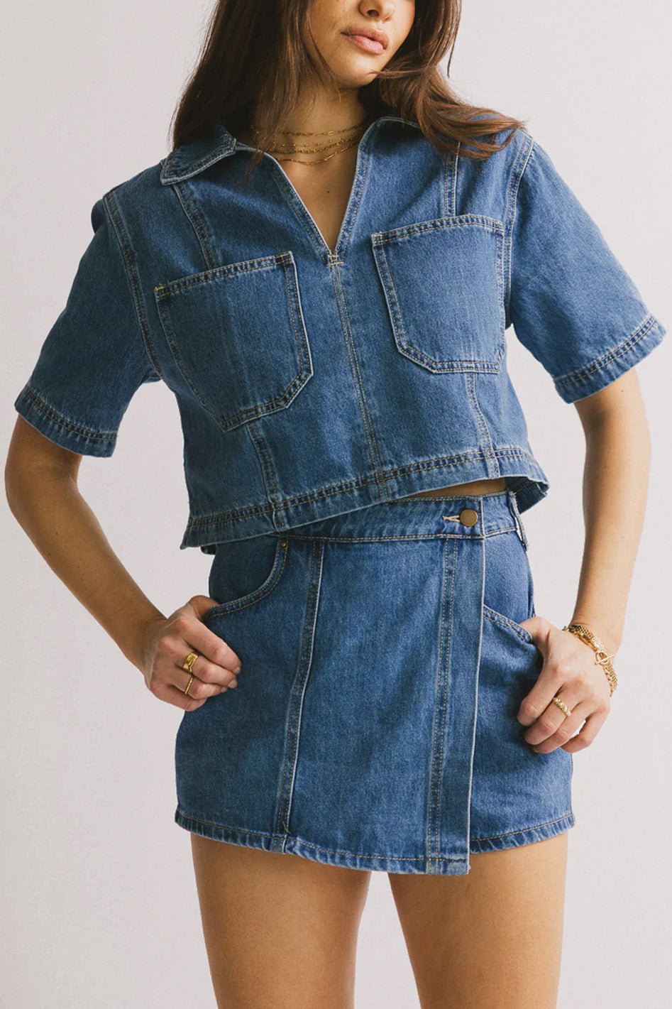 Damen Denim Crop-Shirt und Minirock Set Sovae
