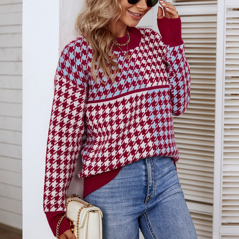 Damen kuscheliger Strickpullover mit trendigem Karomuster und weitem Schnitt Sovae