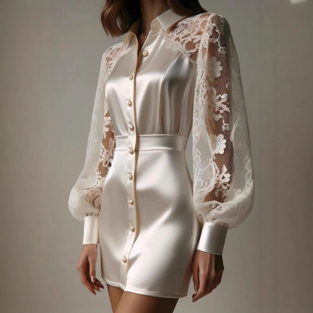 Damen elegantes Minikleid mit transparenten Spitzenärmeln Sovae