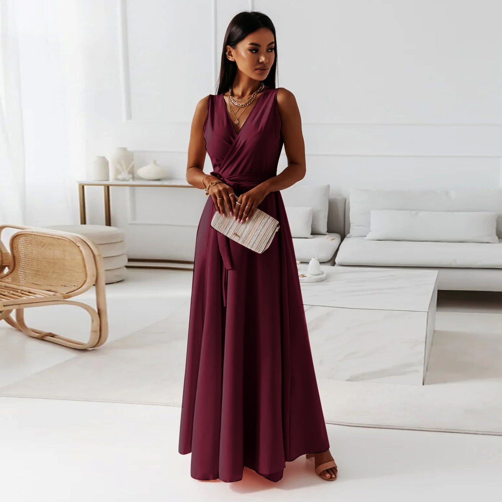 Damen Elegantes Wickel-Minikleid mit tiefem V-Ausschnitt und fließendem Stoff Sovae