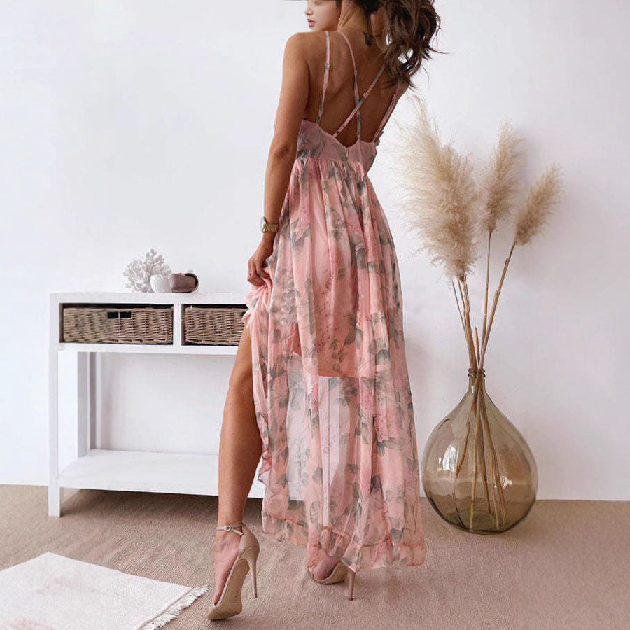 Damen transparentes Sommerkleid mit floralen Rüschendetails Sovae