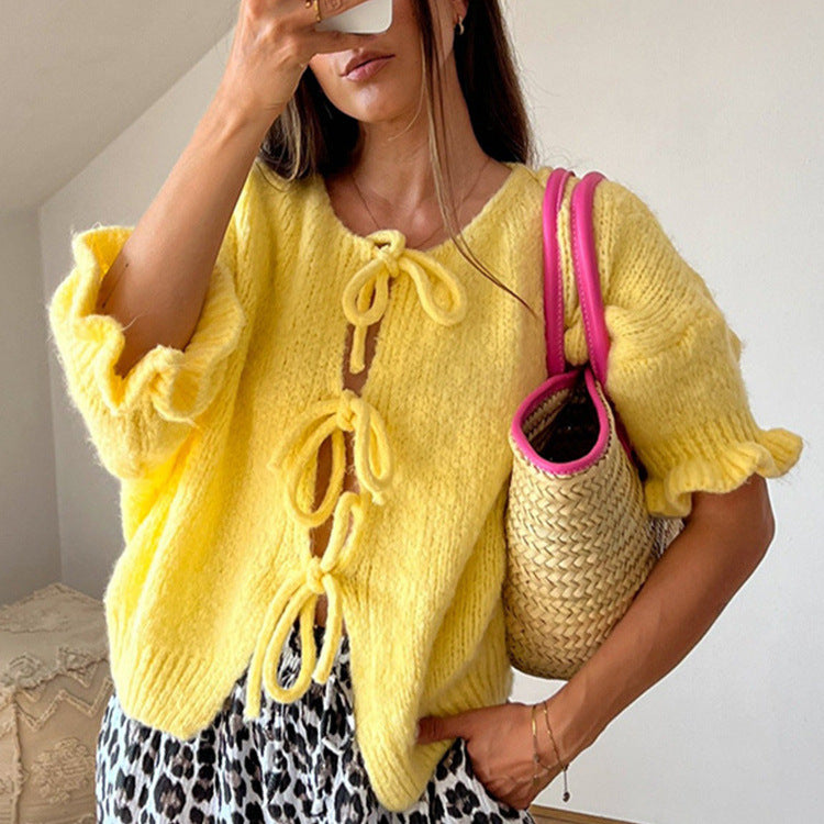 Damen lässiger Strickcardigan mit raffinierten Bindebändern und weiten Ärmeln Sovae