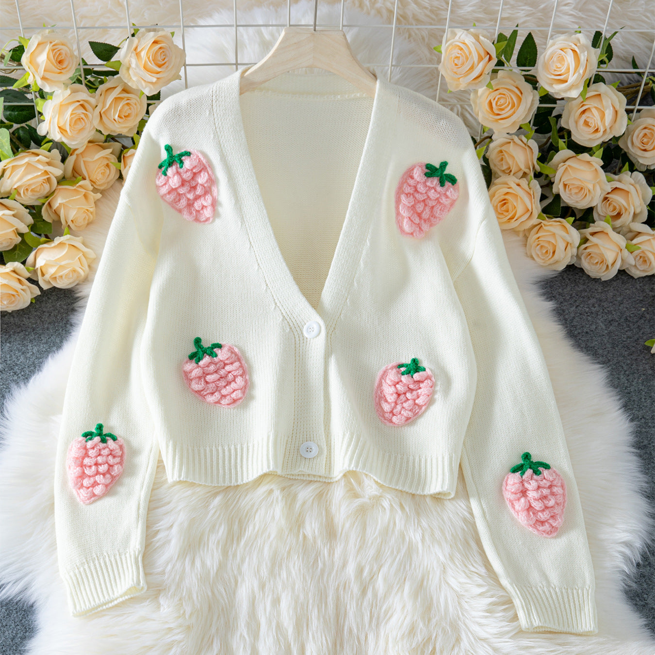 Damen lässige Strickjacke mit fruchtigen Applikationen und offenen Ärmeln Sovae
