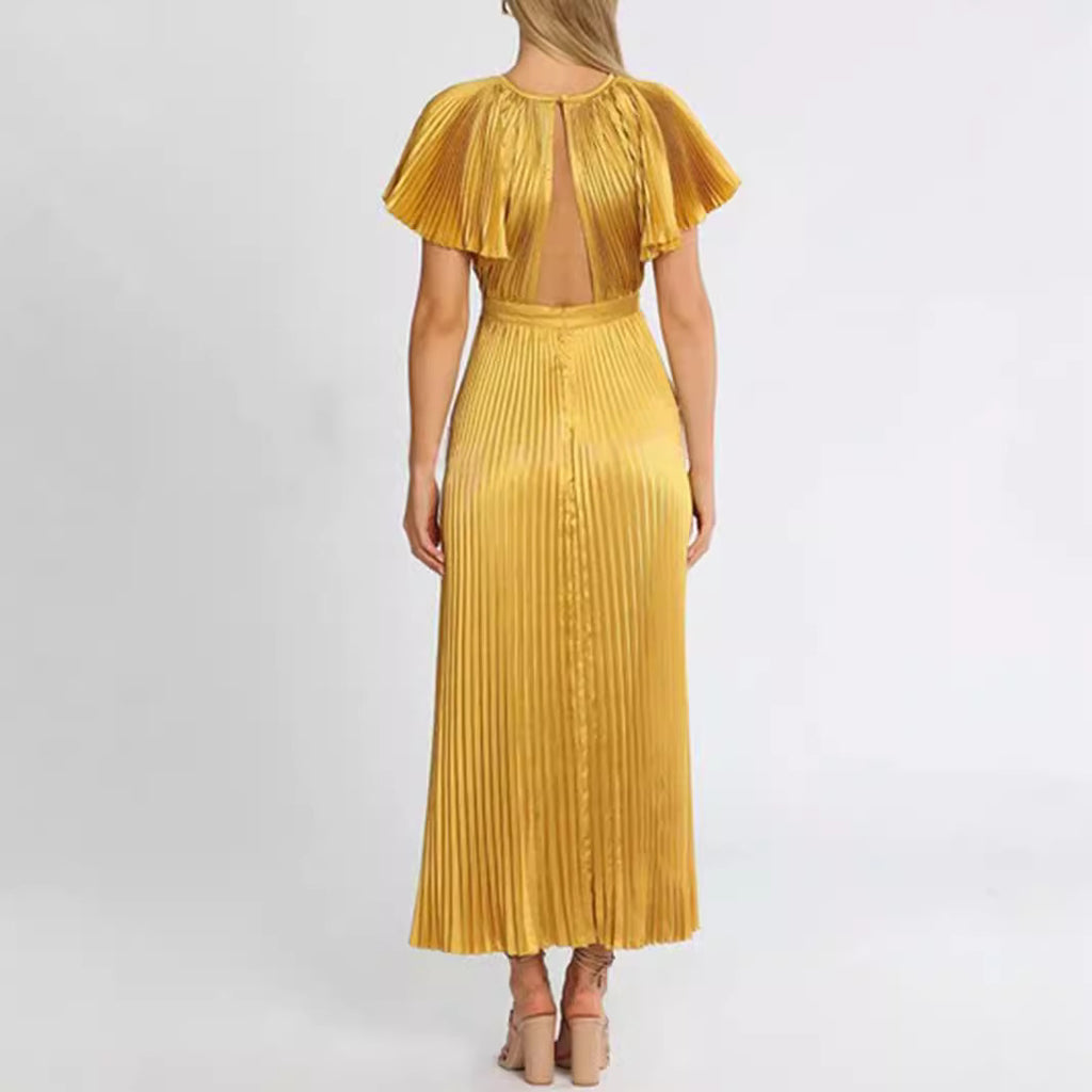 Damen Plissiertes Maxikleid mit elegantem Ausschnitt und fließendem Fall Sovae