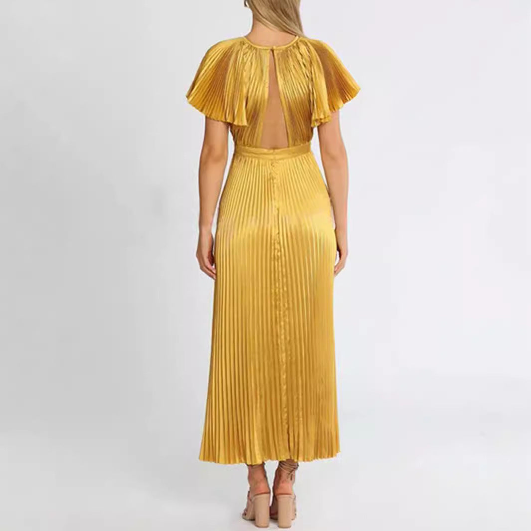 Damen Plissiertes Maxikleid mit elegantem Ausschnitt und fließendem Fall Sovae