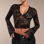 Damen Spitzenbluse mit V-Ausschnitt und glockigen Ärmeln Sovae