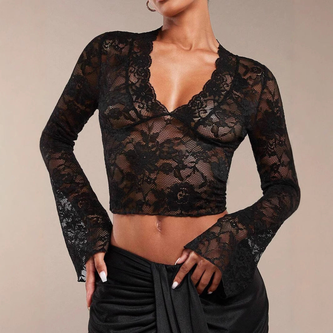 Damen Spitzenbluse mit V-Ausschnitt und glockigen Ärmeln Sovae