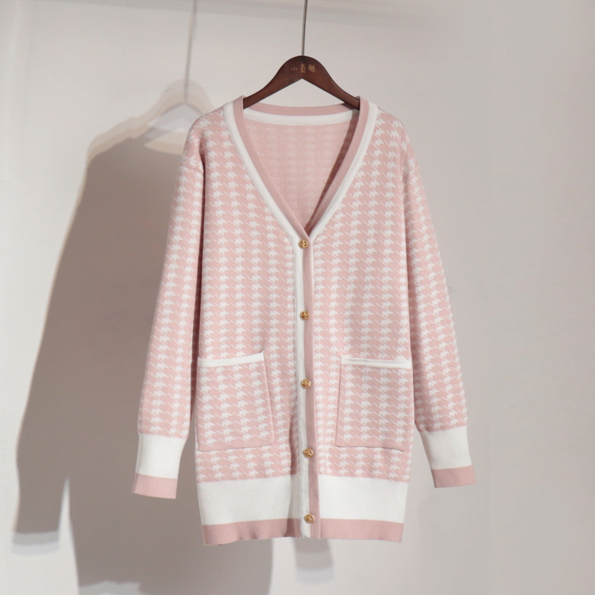 Damen Strickcardigan mit klassischem Hahnentritt-Muster und Knopfleiste Sovae