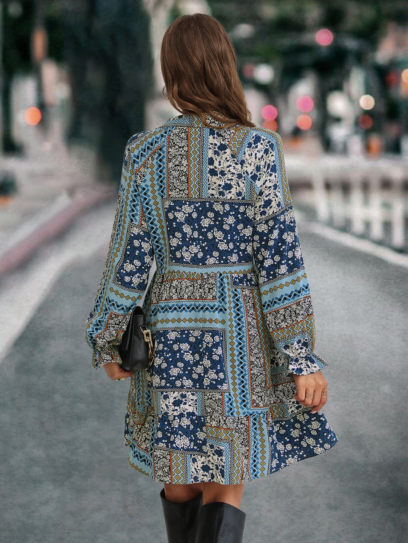 Damen Boho-Minikleid mit langen Ärmeln und buntem Muster Sovae