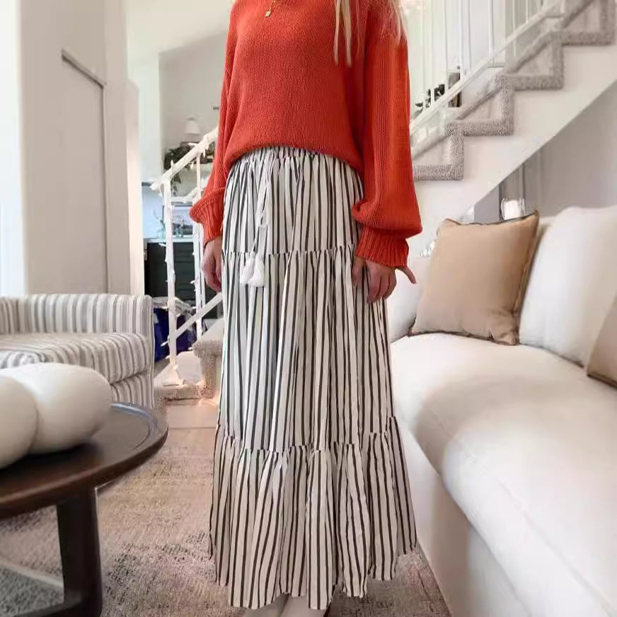 Damen gestreifter Midi-Rock mit elastischem Bund und Bändern Sovae