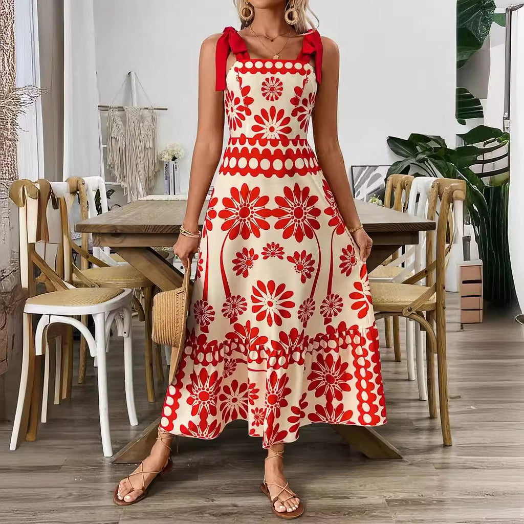 Damen Midikleid mit floralem Design und dekorativen Trägern Sovae