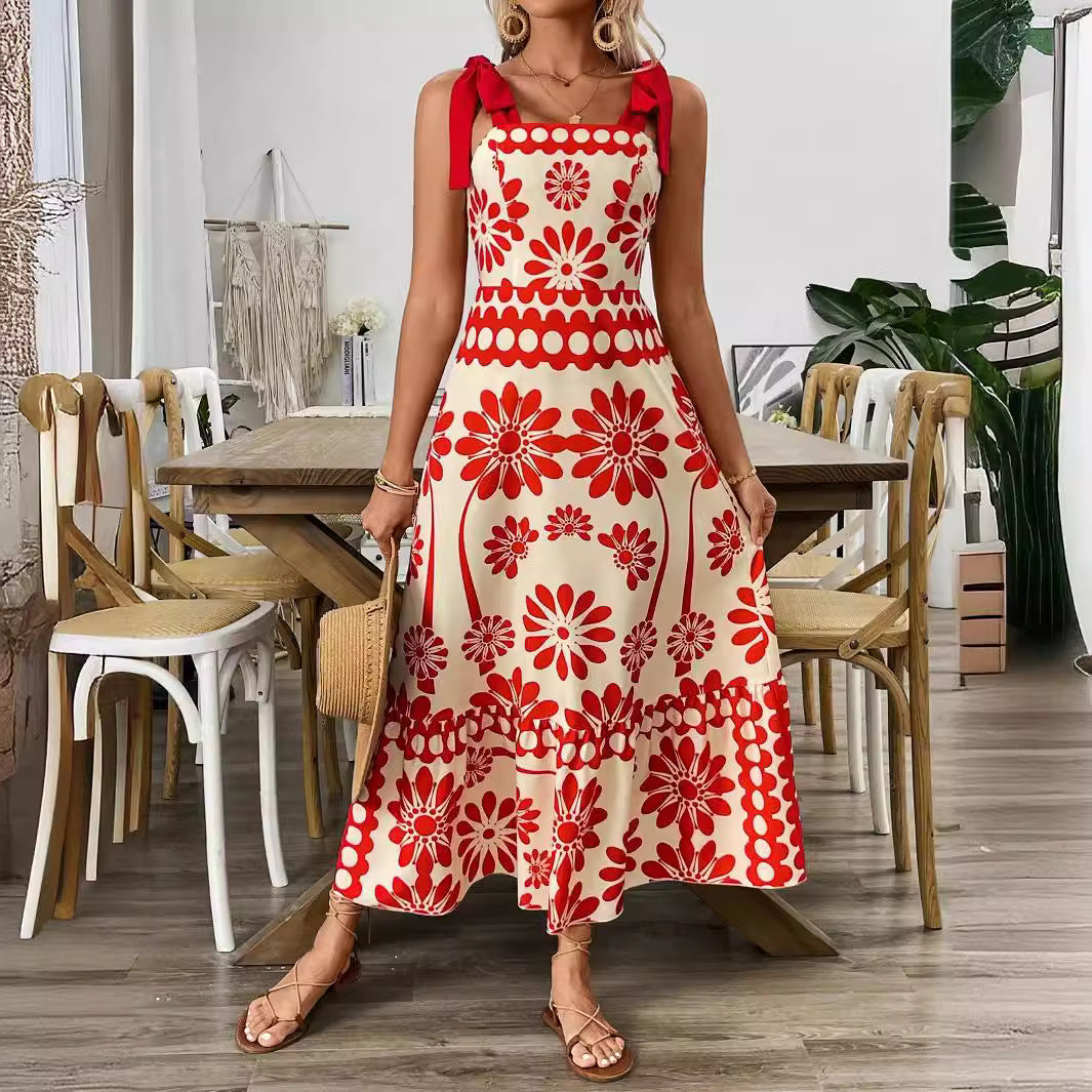 Damen Midikleid mit floralem Design und dekorativen Trägern Sovae