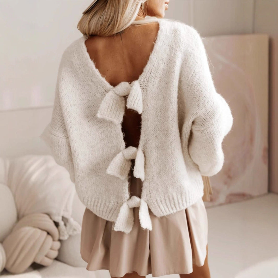 Damen lässiger Strickpullover mit tiefem Rückenausschnitt und Schleifendetails Sovae