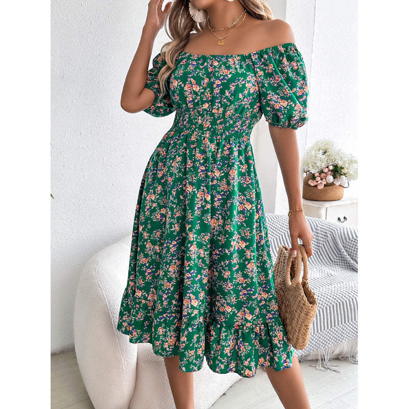 Damen Off-Shoulder Kleid mit floralem Design und elastischem Taillenbund Sovae
