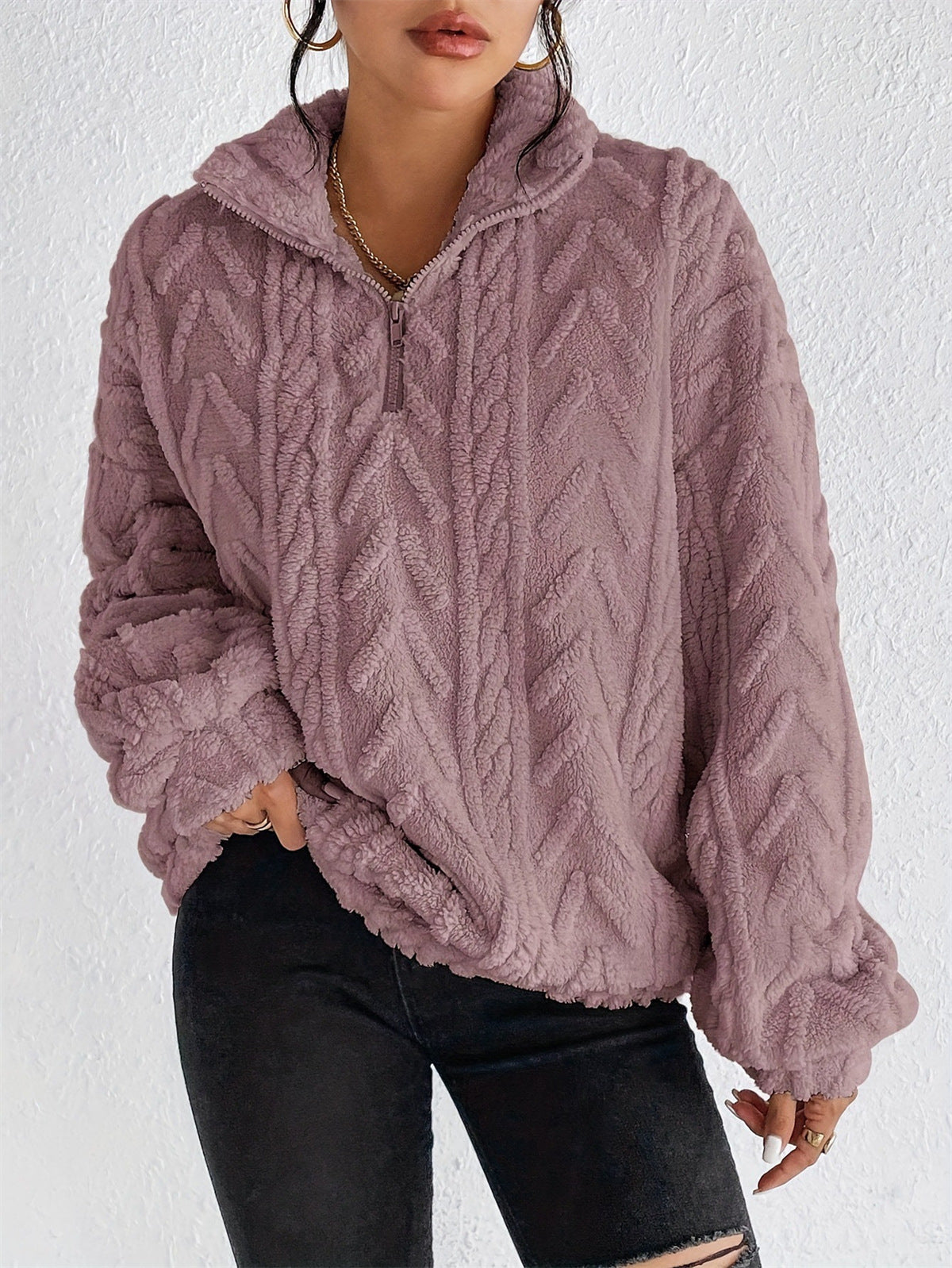 Damen gemütlicher Fleece-Pullover mit halbem Reißverschluss und strukturiertem Muster Sovae