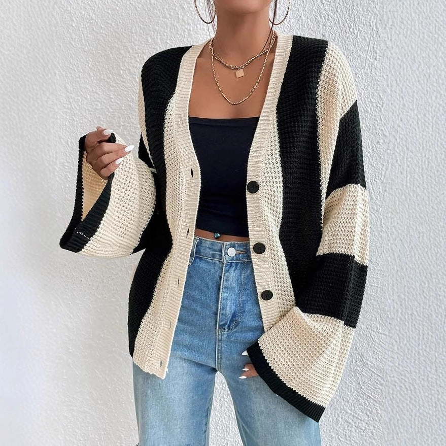 Damen stylische Strickjacke mit breiten Blockstreifen Sovae
