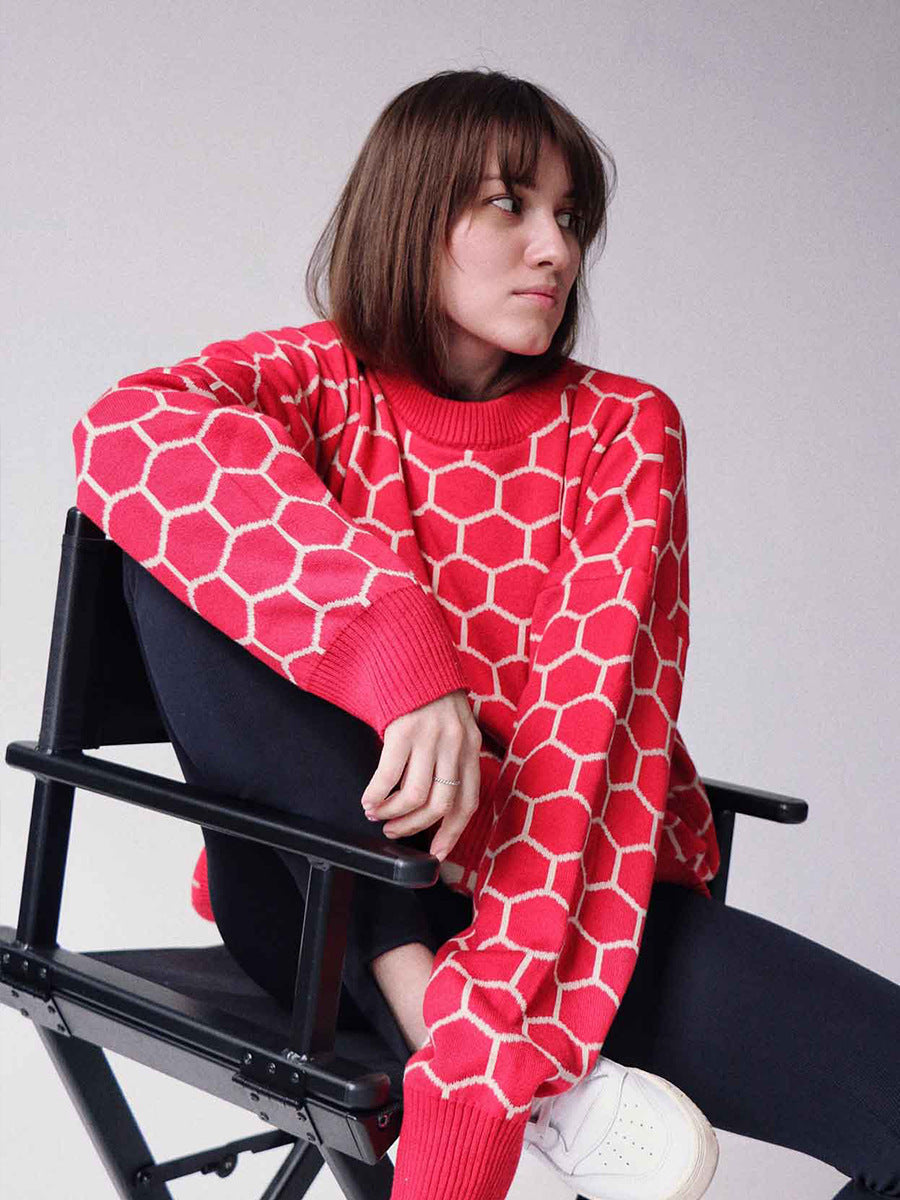 Damen Kreativer Strickpullover mit Wabenmuster Sovae