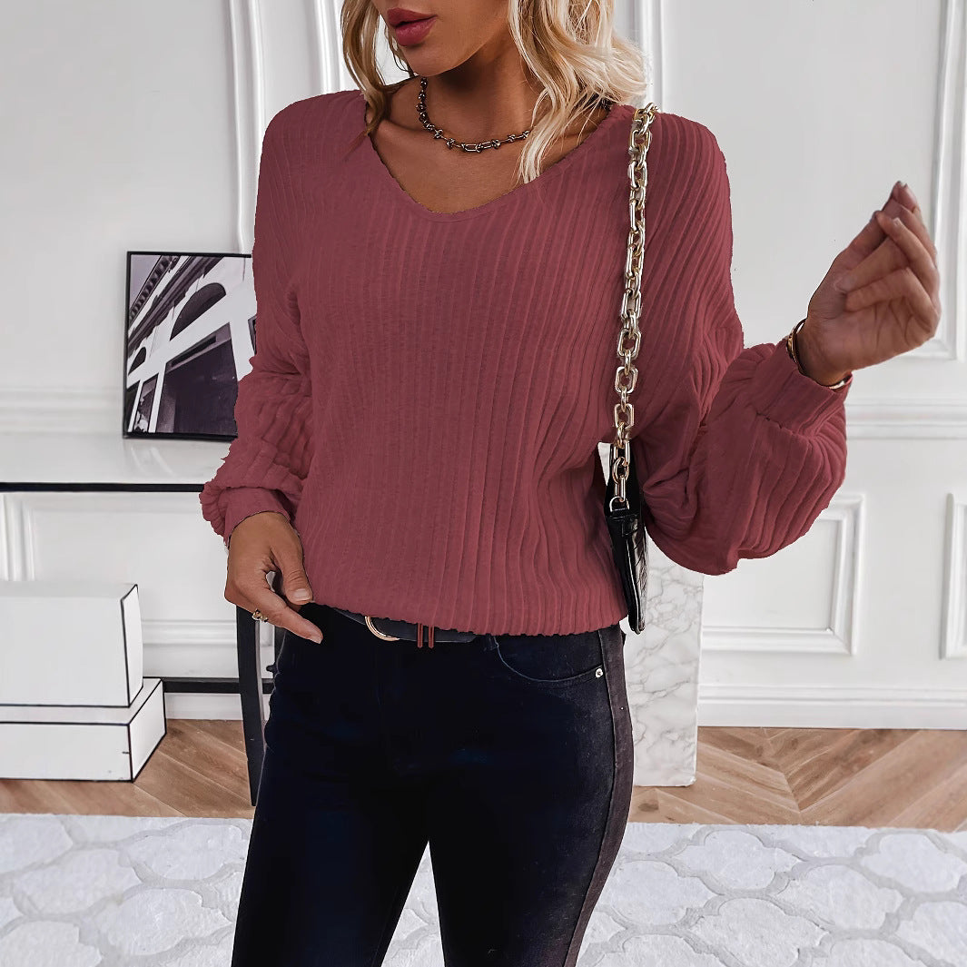 Damen lässiger Rippenpullover mit V-Ausschnitt Sovae