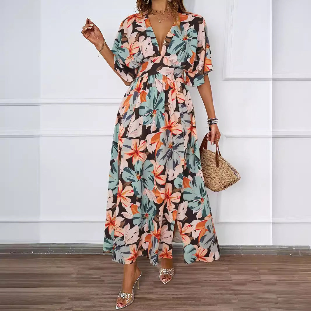Damen florales Maxikleid mit tiefem V-Ausschnitt und Seitenschlitzen Sovae