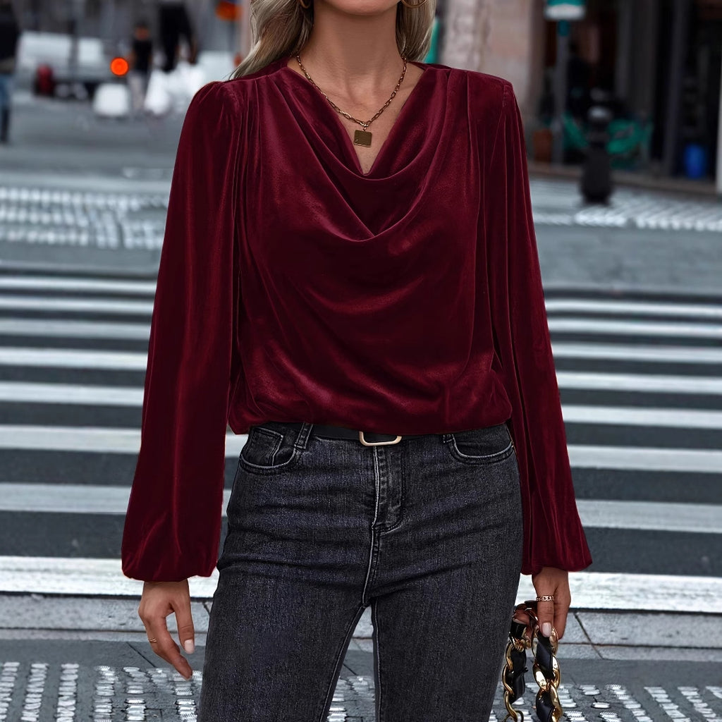 Damen elegante Bluse mit Wasserfall-Ausschnitt und langen Ärmeln Sovae