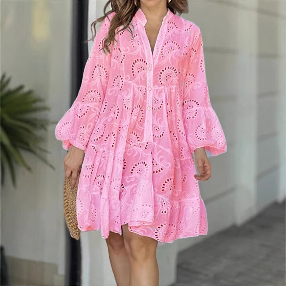 Damen luftiges Tunika-Kleid mit dekorativem Lochmuster Sovae
