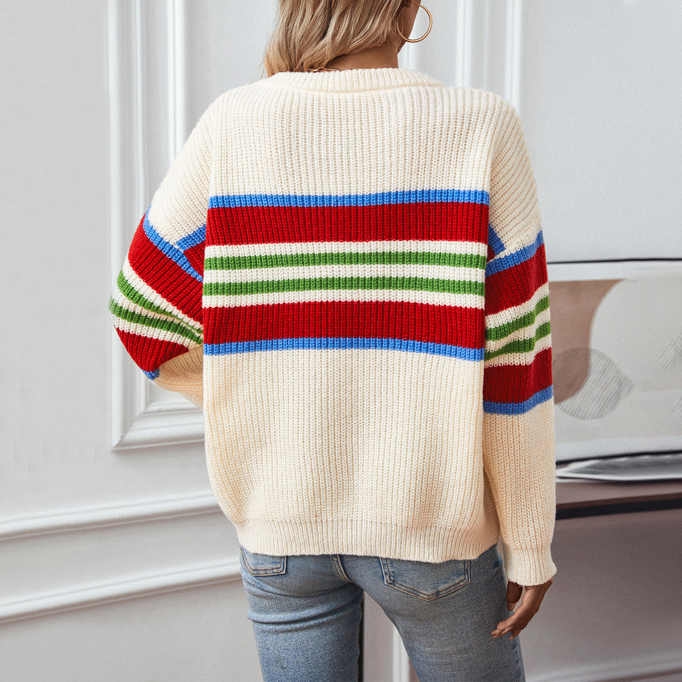 Damen lockerer Strickpullover mit buntem Blockstreifen und Rundhalsausschnitt Sovae