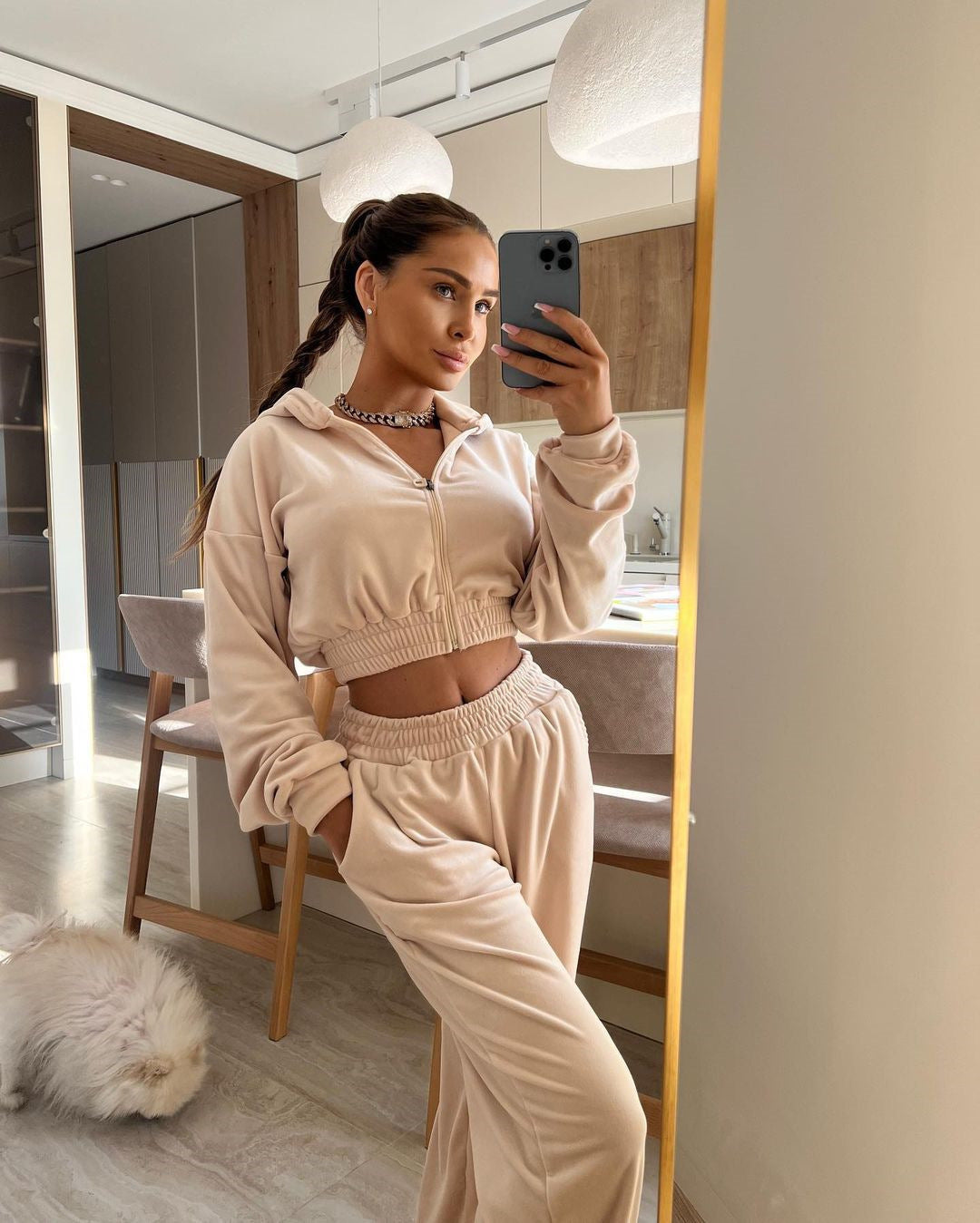 Damen Sportliches Fleece-Cropped-Set Sovae