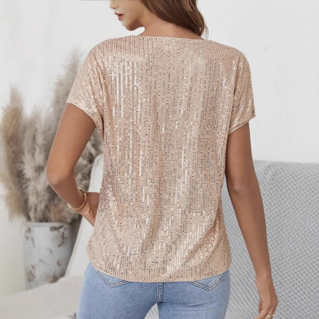 Damen Glitzerndes V-Ausschnitt Oberteil Sovae
