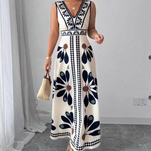 Damen Maxikleid mit voluminösem Blumenmuster und tiefem V-Ausschnitt Sovae