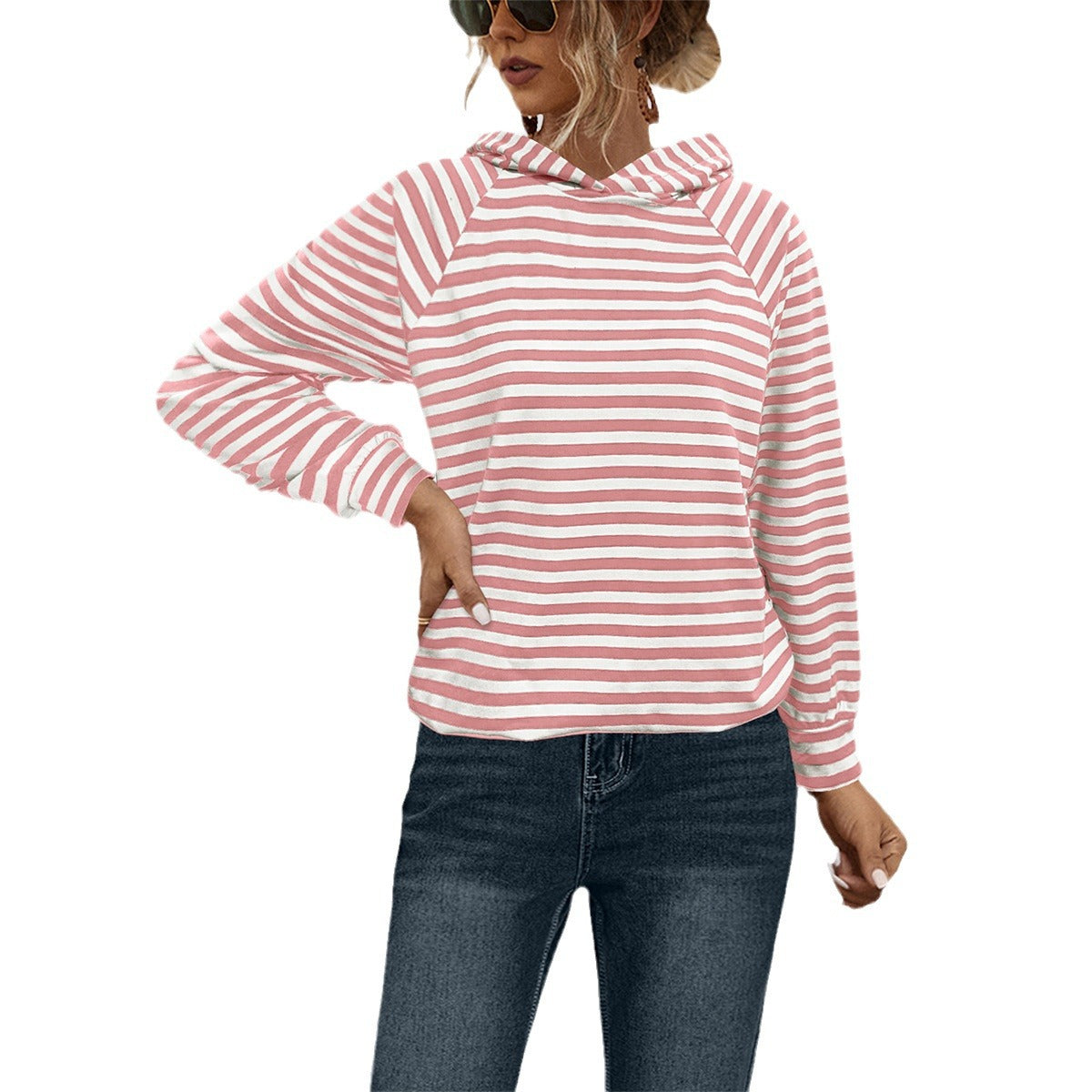 Damen gestreifter Kapuzensweater mit lässigem Schnitt und Raglanärmeln Sovae