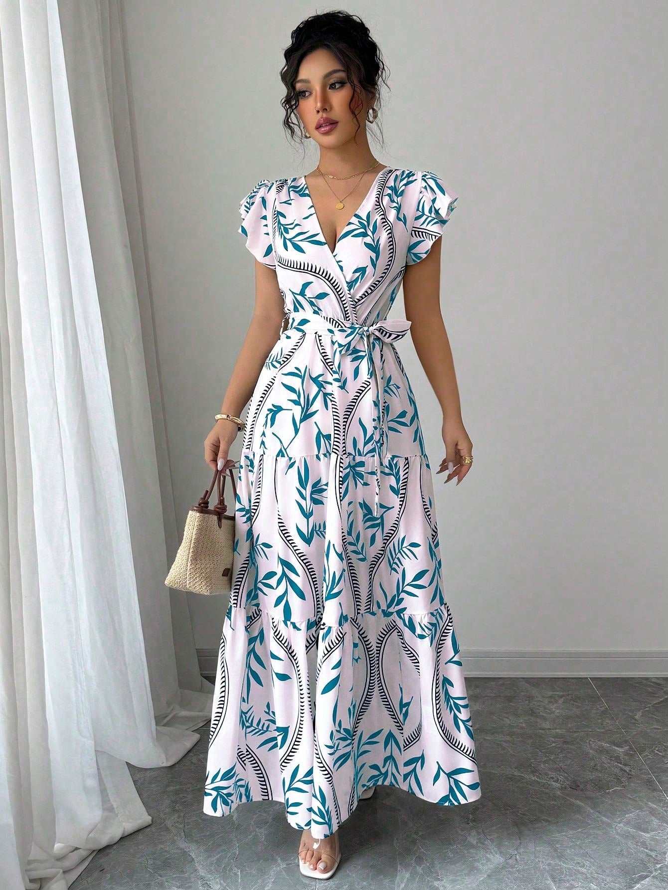 Damen Wickelmaxikleid mit floralen Mustern Sovae