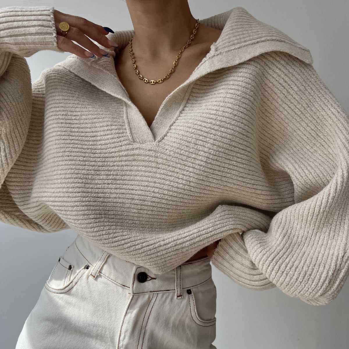 Damen Relaxed-Fit Pullover mit V-Ausschnitt Sovae