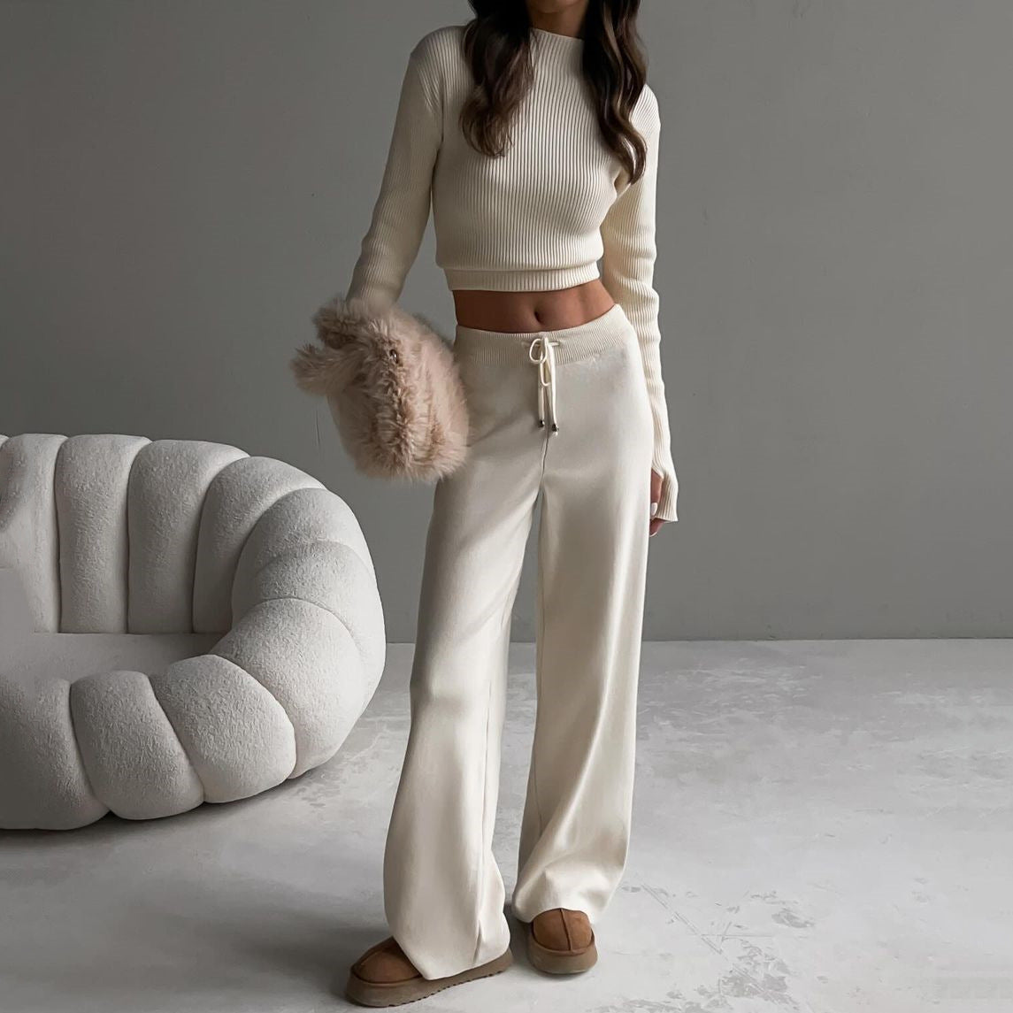 Damen lässiges Strick-Lounge-Set mit weiten Hosen Sovae