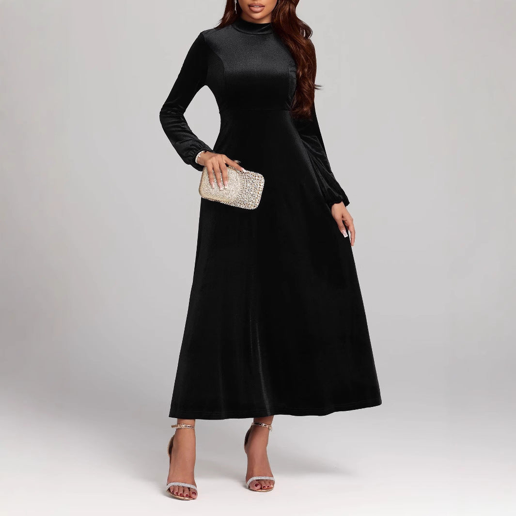 Damen elegantes Maxikleid aus hochwertigem Samt mit langem Arm und hohem Kragen Sovae