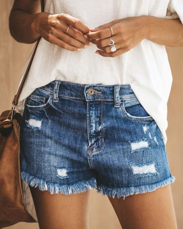 Damen Zerrissene Denim-Shorts mit fransigen Säumen Sovae